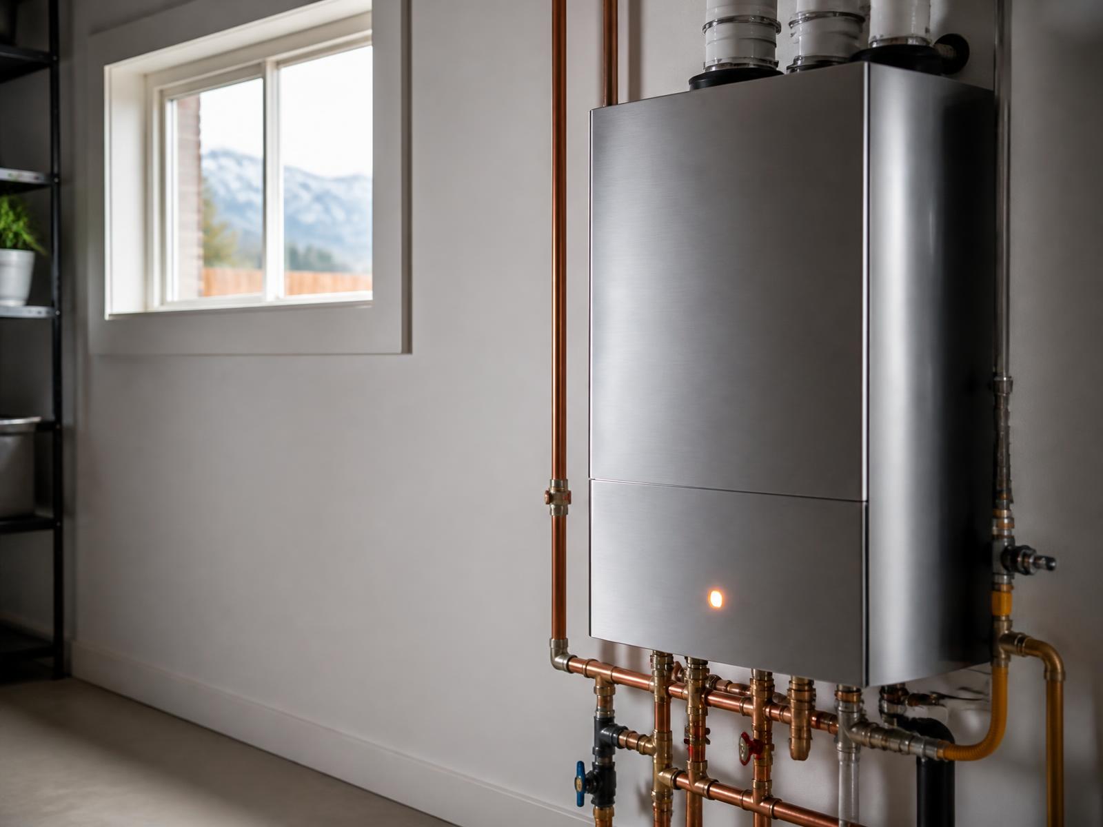 Modern residential tankless water heater installed in a Denver home basement