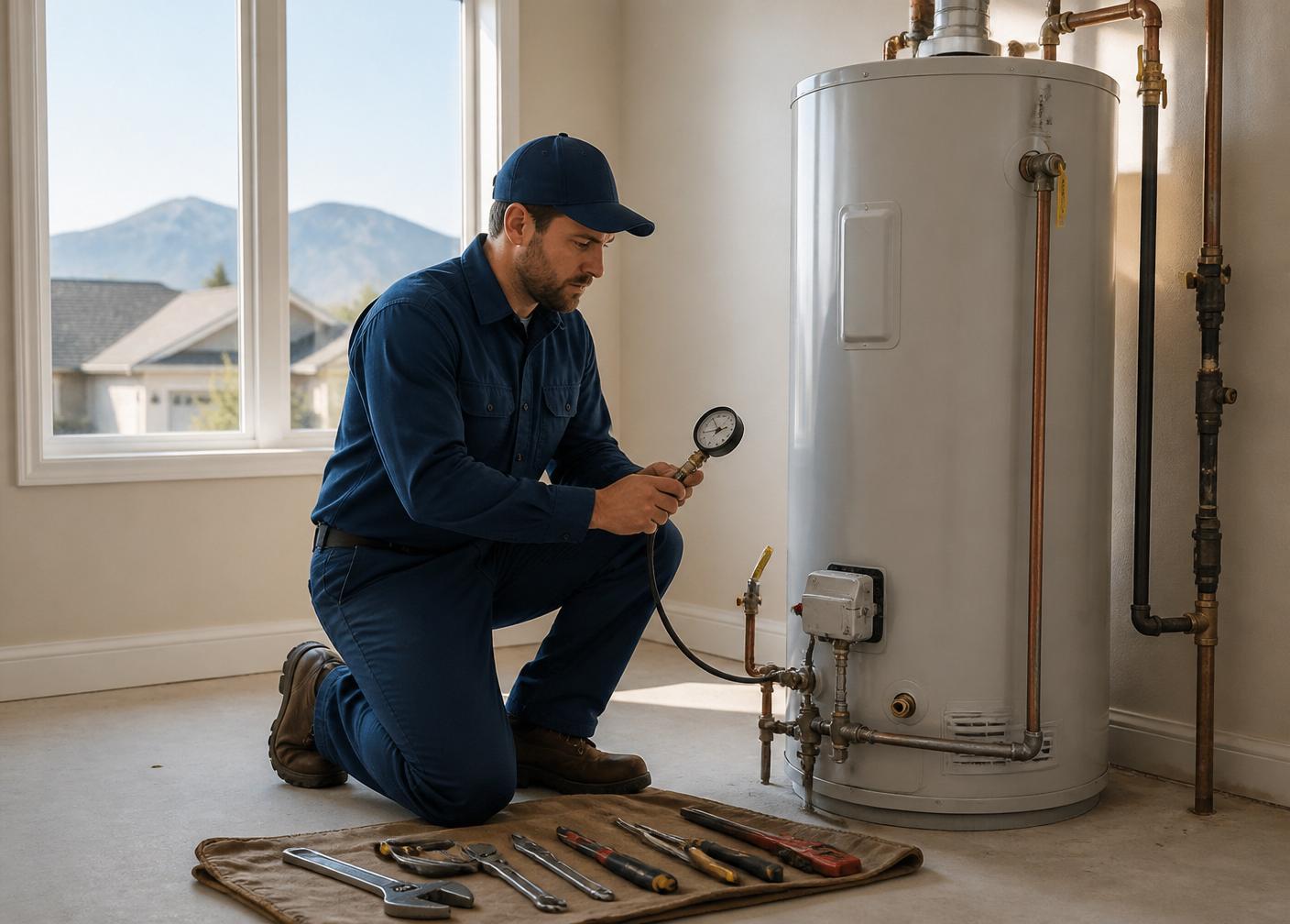 Denver technician diagnosing a residential tank water heater in a utility room